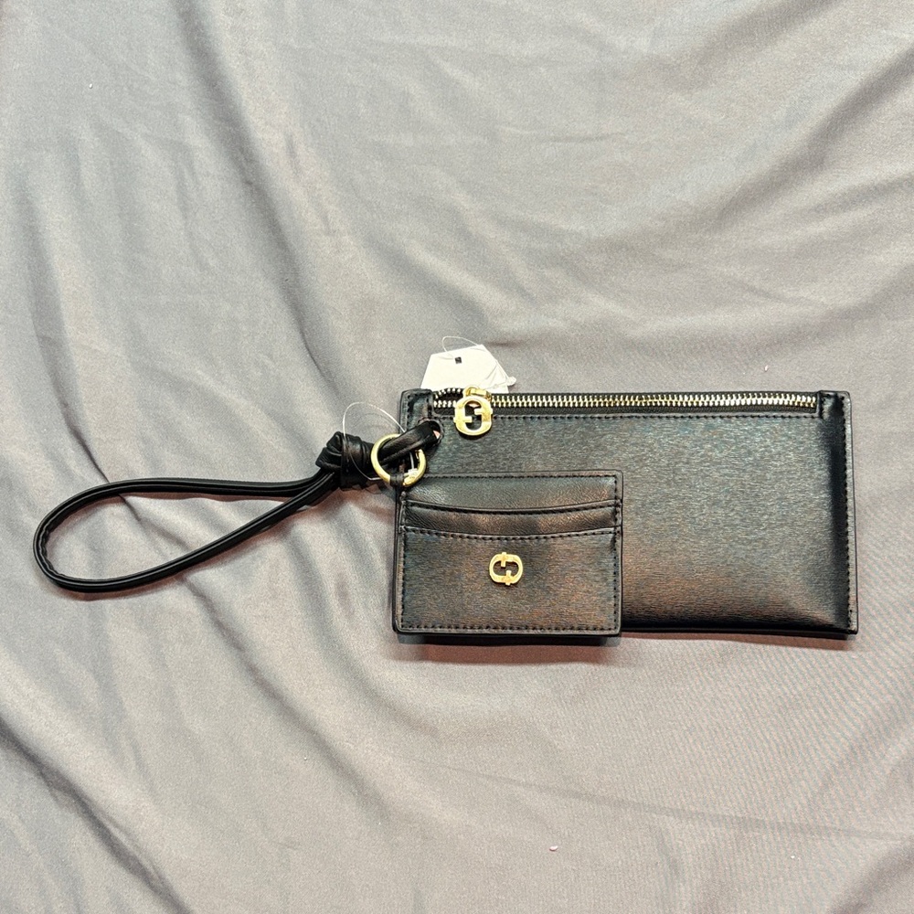 NWT Time & Tru 2pc Harper Clutch Wristlet & Card Case, Black Vinyl Gold Hardware